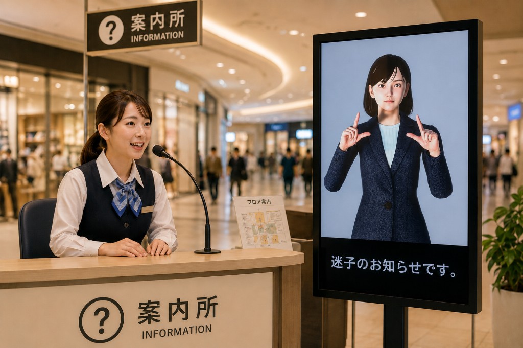 商業施設の案内所で、音声案内を手話アバター映像に変換する活用イメージ